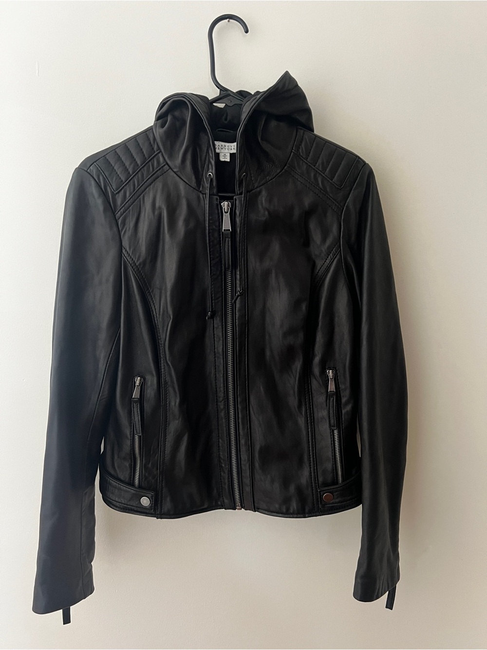 Barneys New York Black Hooded Leather Jacket